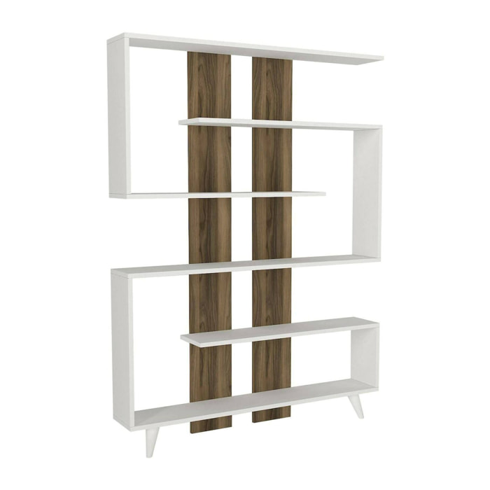 Libreria Spodumene, Scaffale da ufficio, Mobile portalibri, Biblioteca, 120x20h162 cm, Bianco e Noce