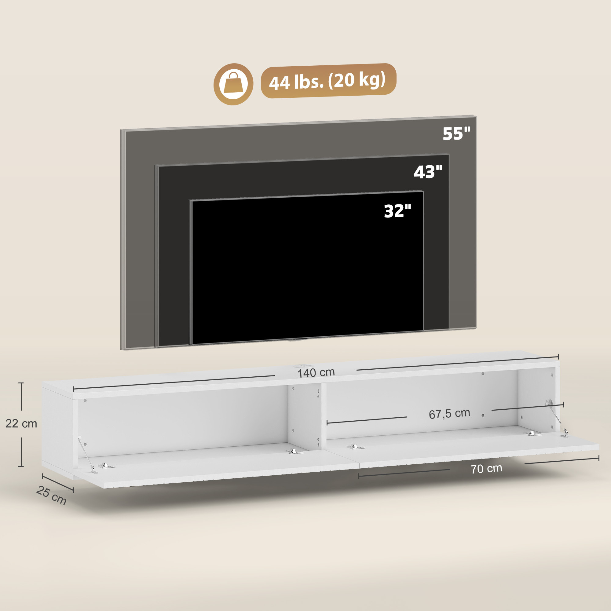 Meuble TV suspendu design façade effet bois cannelé 140 cm 2 portes abattantes blanc