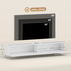 Meuble TV suspendu design façade effet bois cannelé 140 cm 2 portes abattantes blanc
