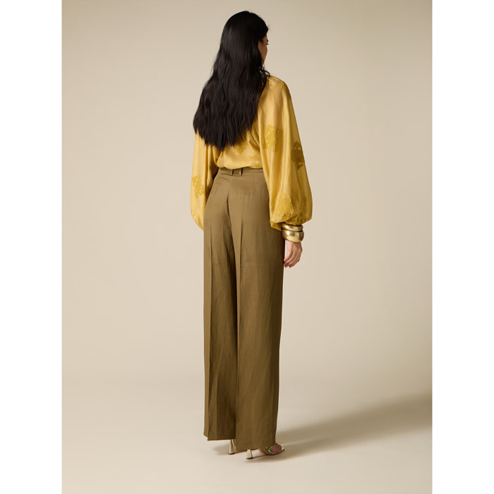 Oltre - Pantaloni palazzo in tessuto misto lino - Verde militare