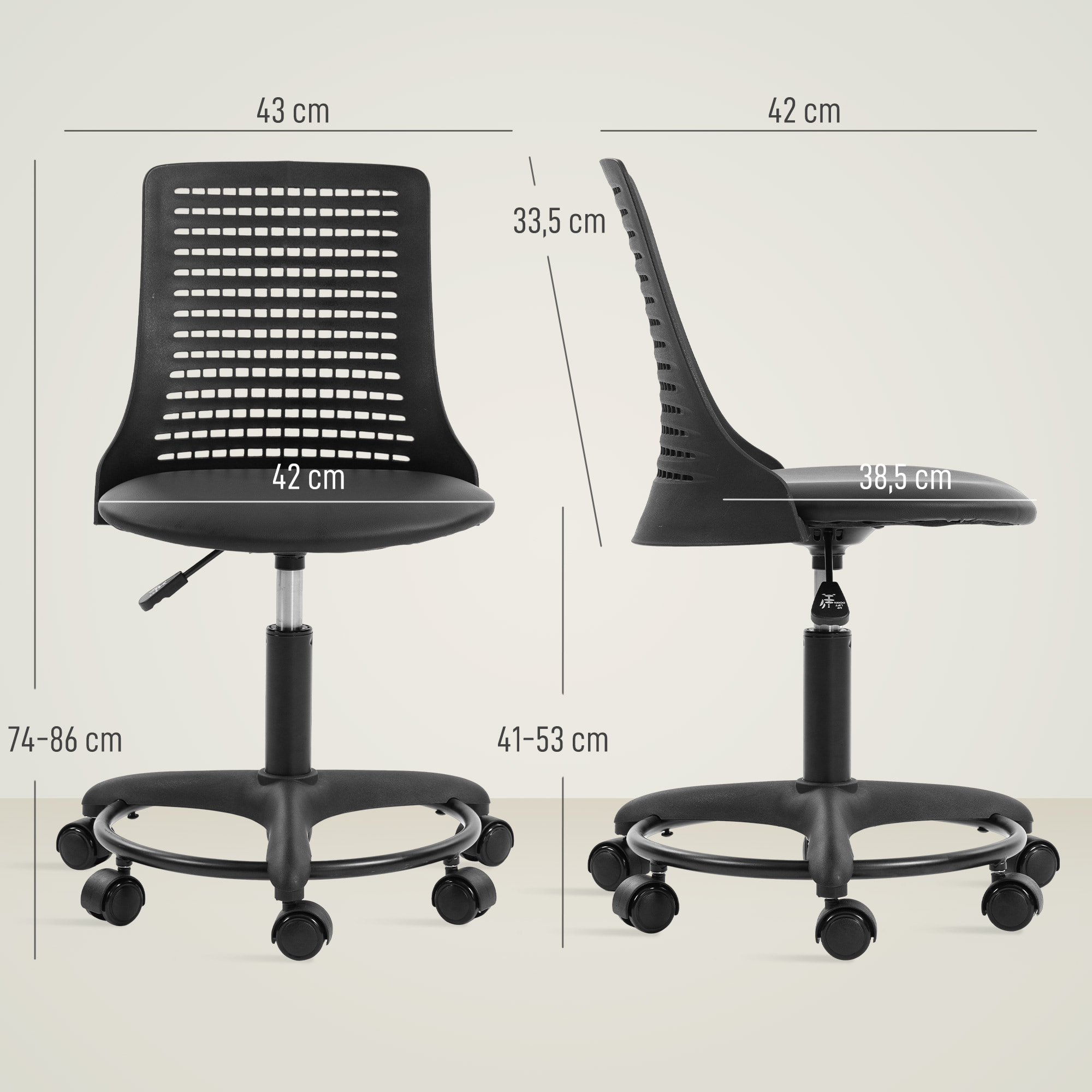 Silla de Escritorio sin Brazos, Silla de Oficina Giratoria, con Respaldo Hueco, Asiento Acolchado de Espuma de Alta Resiliencia, Altura Ajustable, Negro