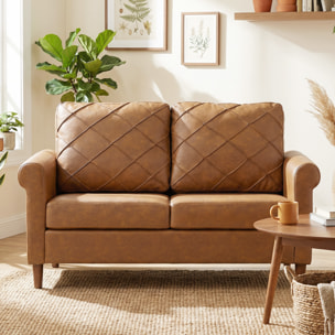 Sofá de 2 Plazas, Sofá Moderno, Tapizado en PU, Cojín Grueso, Respaldo con Costuras, Asiento Amplio, Patas de Madera Maciza para Salón, Dormitorio y Oficina, 134x71x82 cm, Marrón