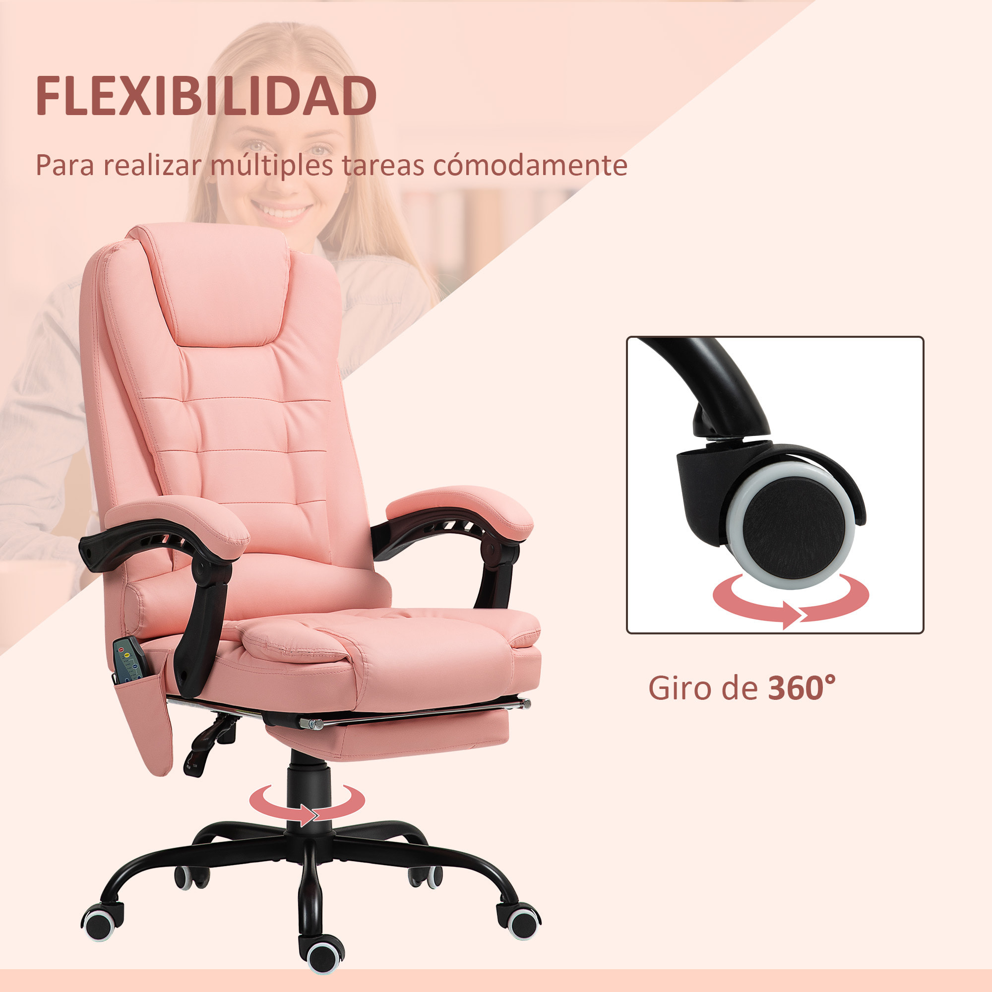 Silla de Oficina con 7 Puntos de Masaje Silla de Masaje Giratoria Silla de Escritorio con Reposapiés Retráctil Altura Ajustable Control Remoto y Tejido de PU Rosa