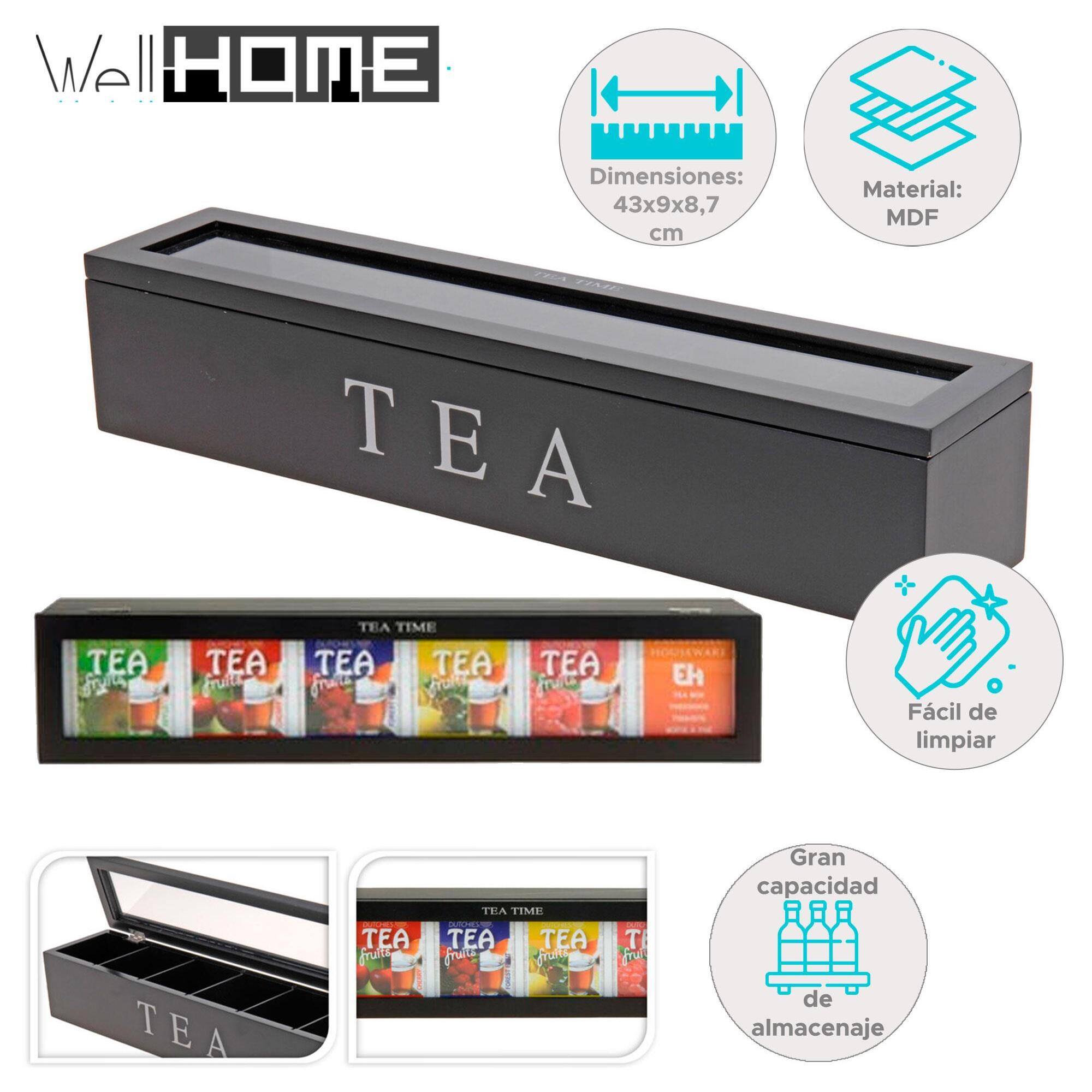 caja de té en mdf con 6 compartimentos color negro