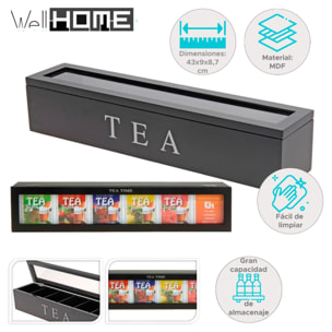 caja de té en mdf con 6 compartimentos color negro