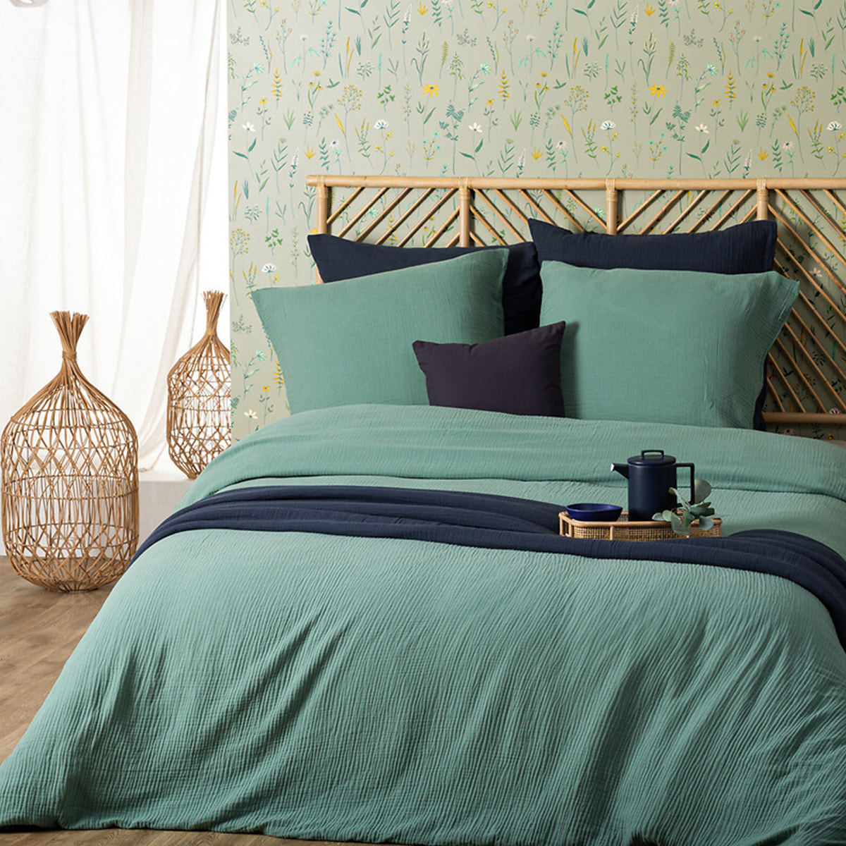 Parure de lit - gaze de coton - vert céladon - 240x220 cm