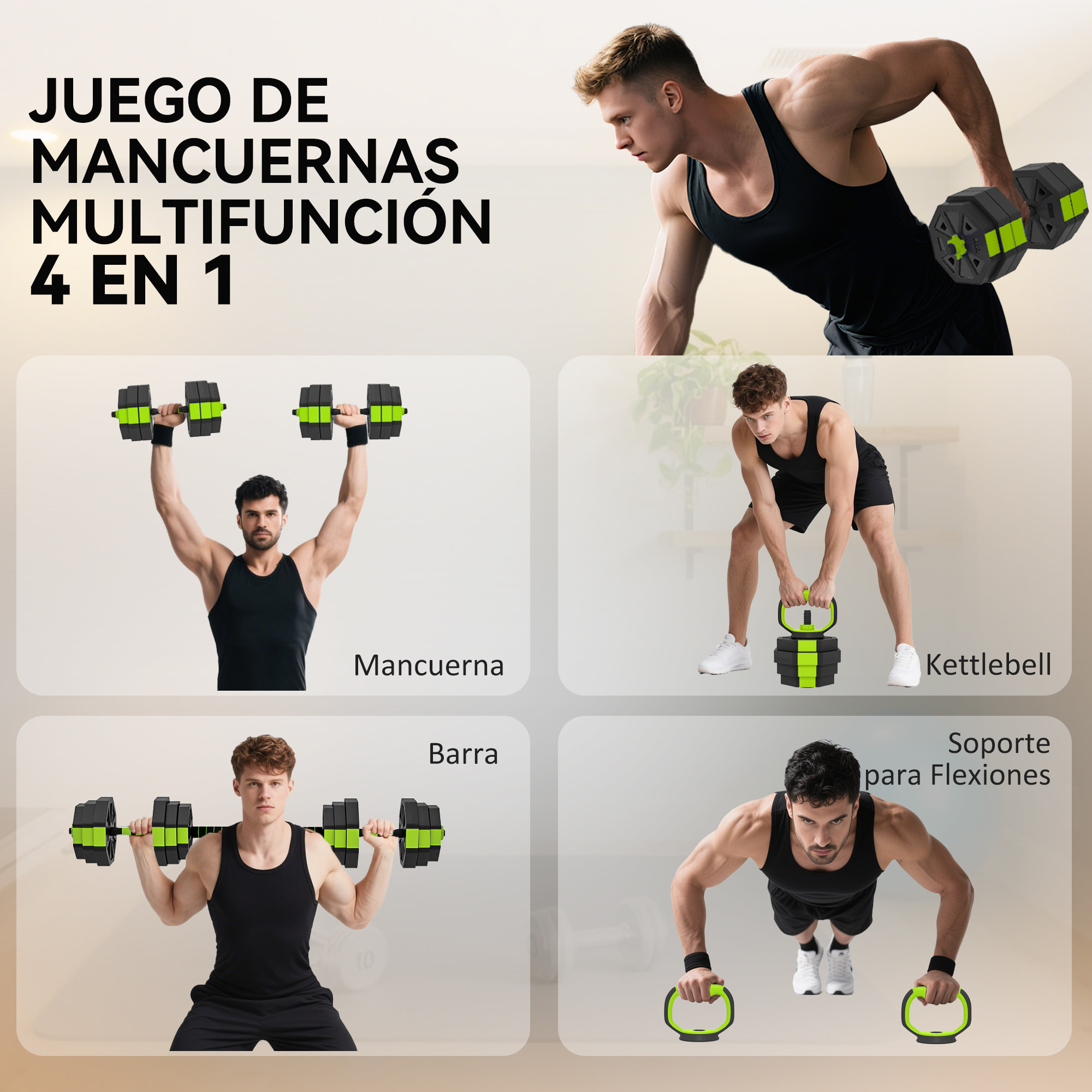 Juego de Mancuernas Ajustables, 6 en 1, 25kg, Juego de Pesas Utilizado como Kettlebell, Barra, Mancuernas o Soporte para Flexiones, Equipo para Hombres y Mujeres, Gimnasio en Casa