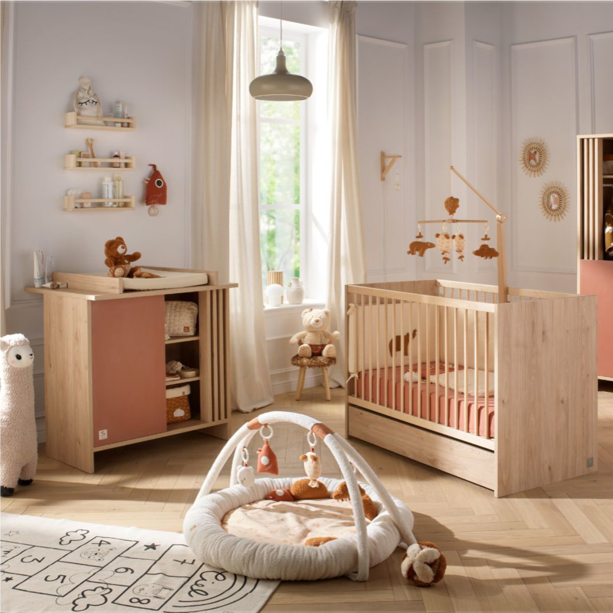 Chambre bébé complète Tokyo, Lit 120x60 et Commode à langer claustra - Chêne suave