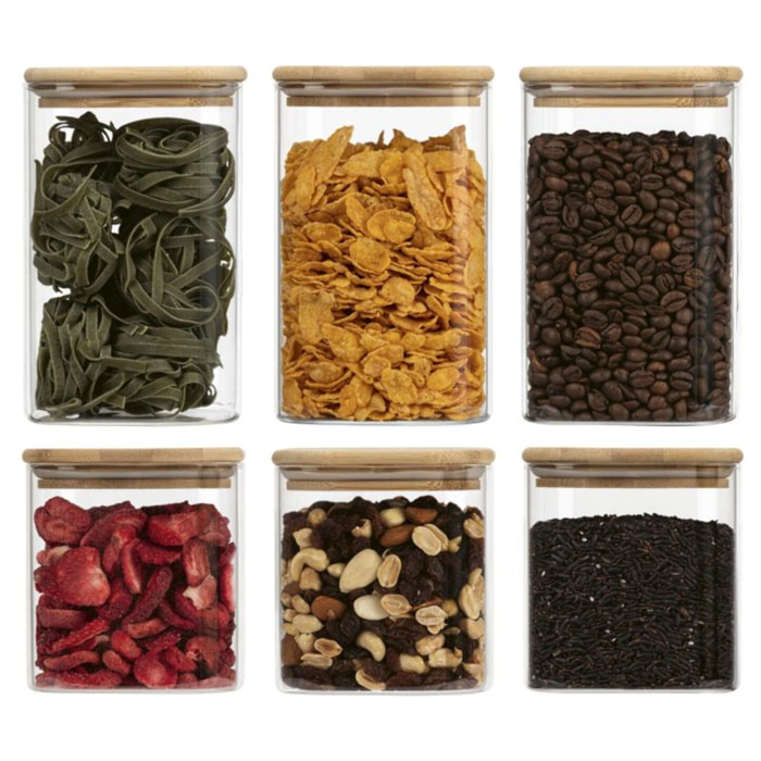 Set 6 bocaux en verre conception angulaire et couvercle en bois de haute qualité Classbach C-VD4030