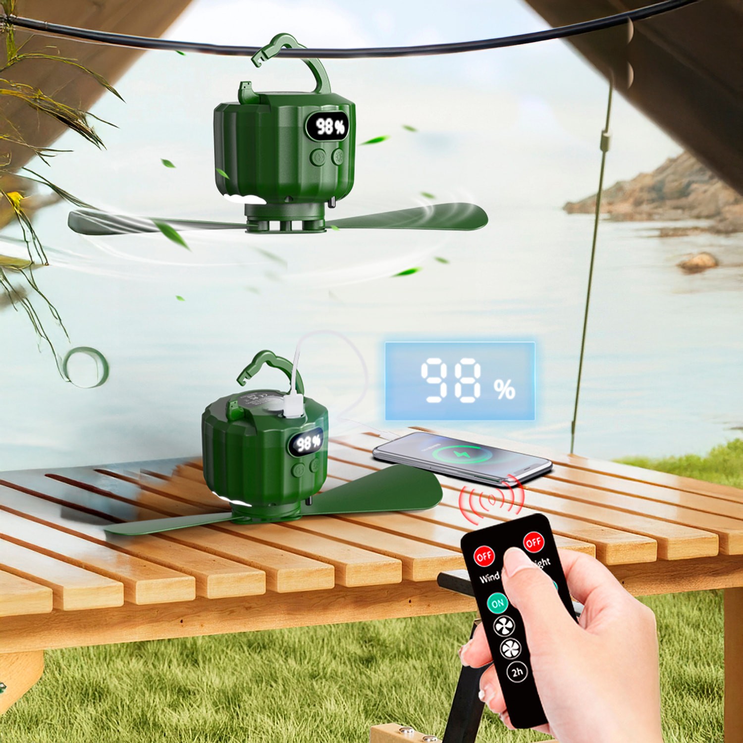 Ventilador P15 con motor sin escobillas, LED con 12 luces, 3 velocidades, 3 niveles de luz y 3 temporizadores. Incluye mando, aspas desmontables y powerbank de 10400 mAh.