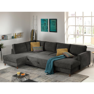 Jake - canapé panoramique d'angle gauche - convertible avec coffre - 7 places - en velours côtelé - Gris foncé