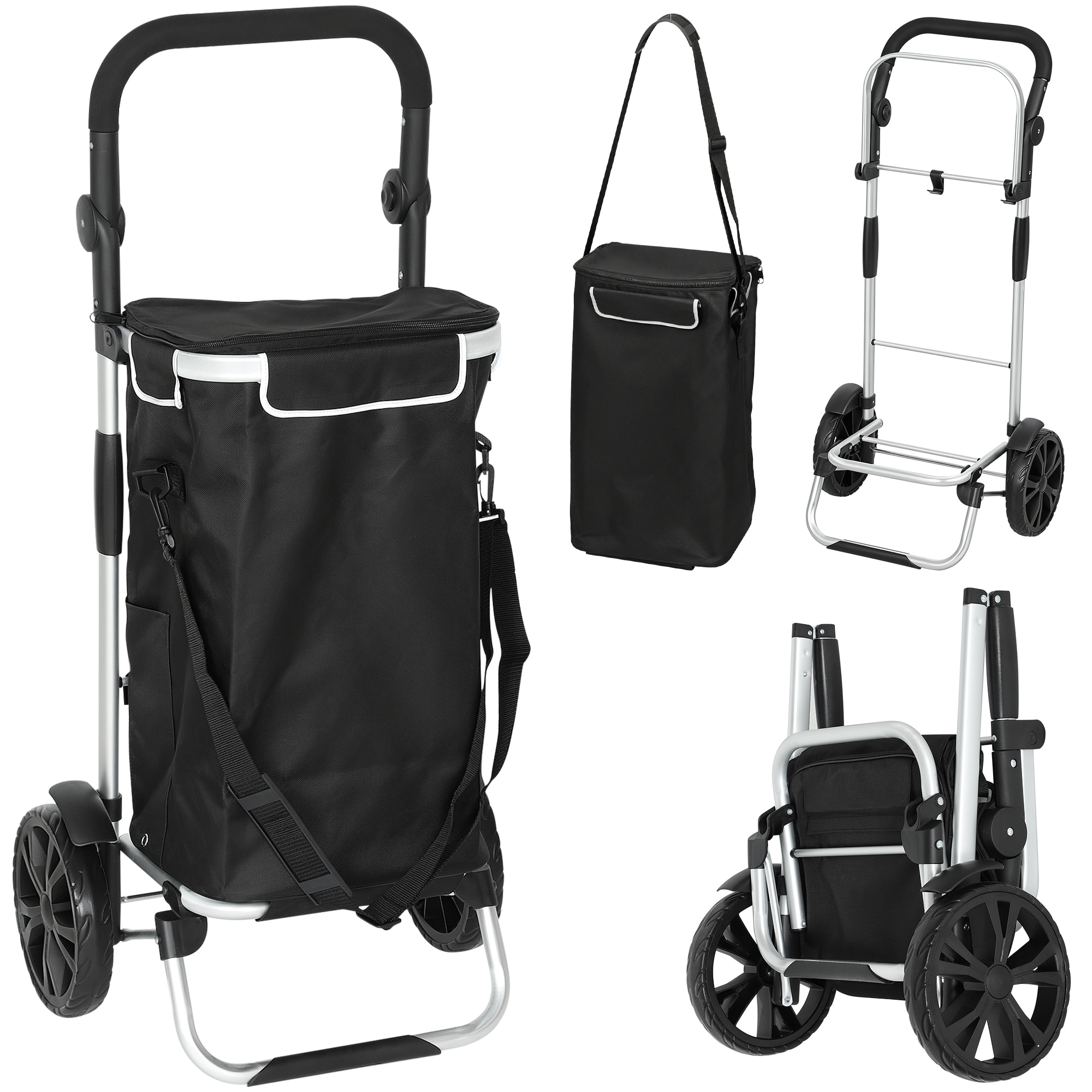 Chariot de courses pliable 3 en 1 sac à bandoulière 40L chariot transport poignée réglable compartiment isotherme alu noir