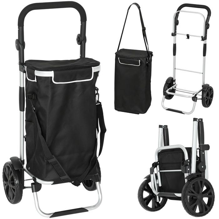 Chariot de courses pliable 3 en 1 sac à bandoulière 40L chariot transport poignée réglable compartiment isotherme alu noir