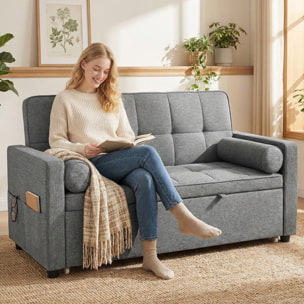 HOMCOM Sofá Cama 2 Plazas 3 en 1, Sofá Cama Deslizantede Tejido Lino con Respaldo Ajustable 6 Niveles, Bolsillos Laterales, 2 Cojines con Fundas Extraíbles para Sala de Estar, Espacios Pequeños, Gris