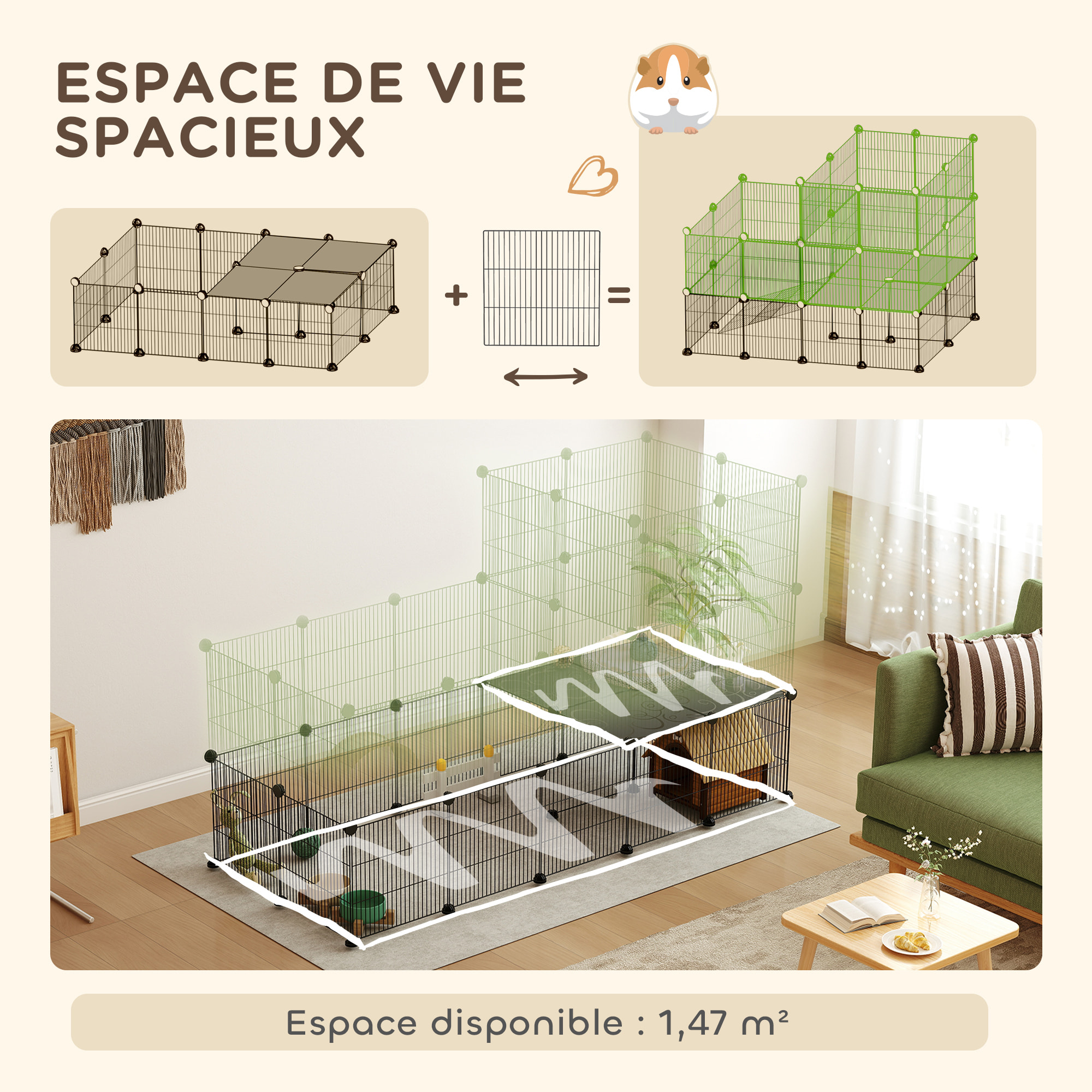 Cage parc enclos modulable rongeurs 2 niveaux 39 panneaux fil métallique PP noir