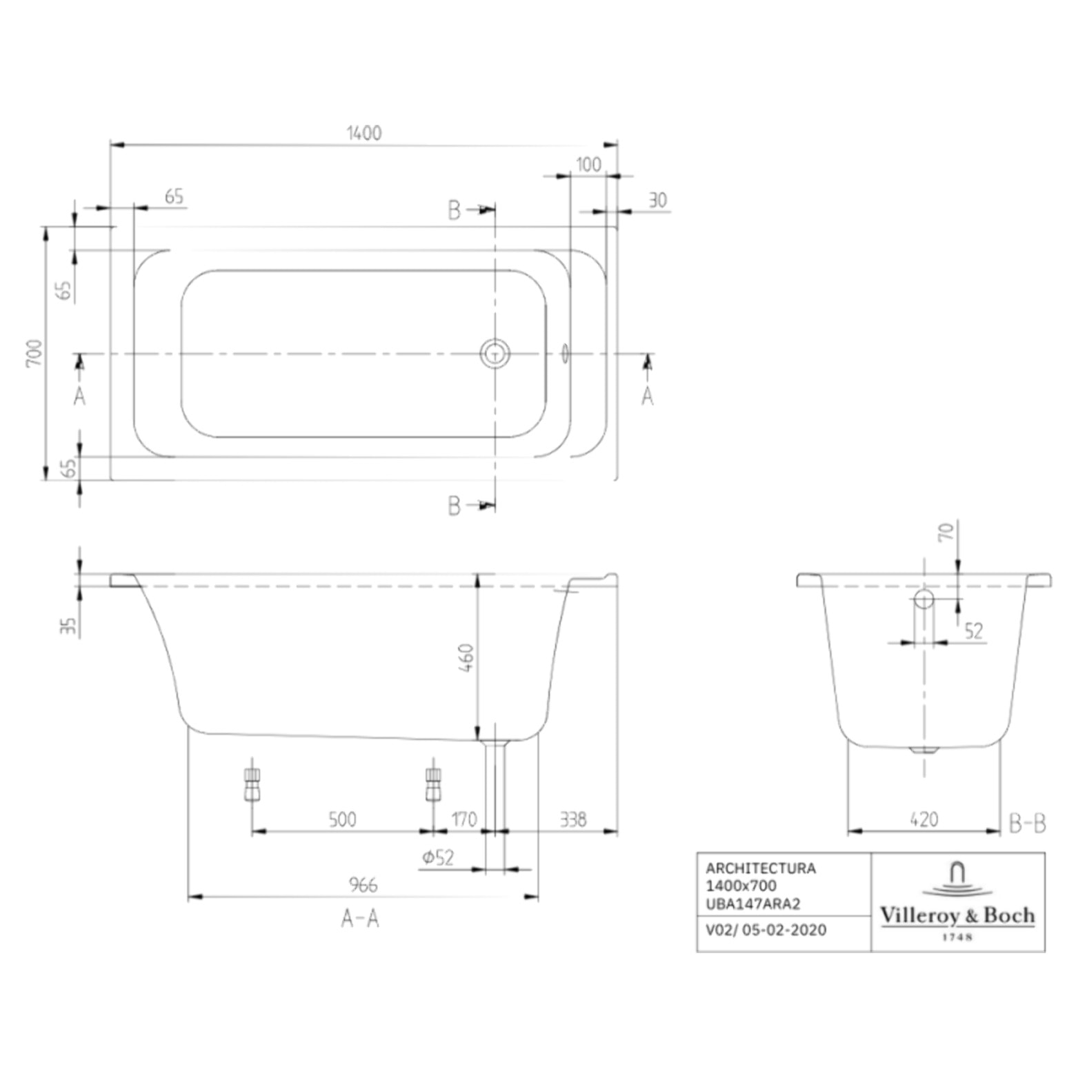 Baignoire droite VILLEROY & BOCH Architectura acrylique 140 x 70 cm  + Pare bain droite AURYS Mist 1 chromé