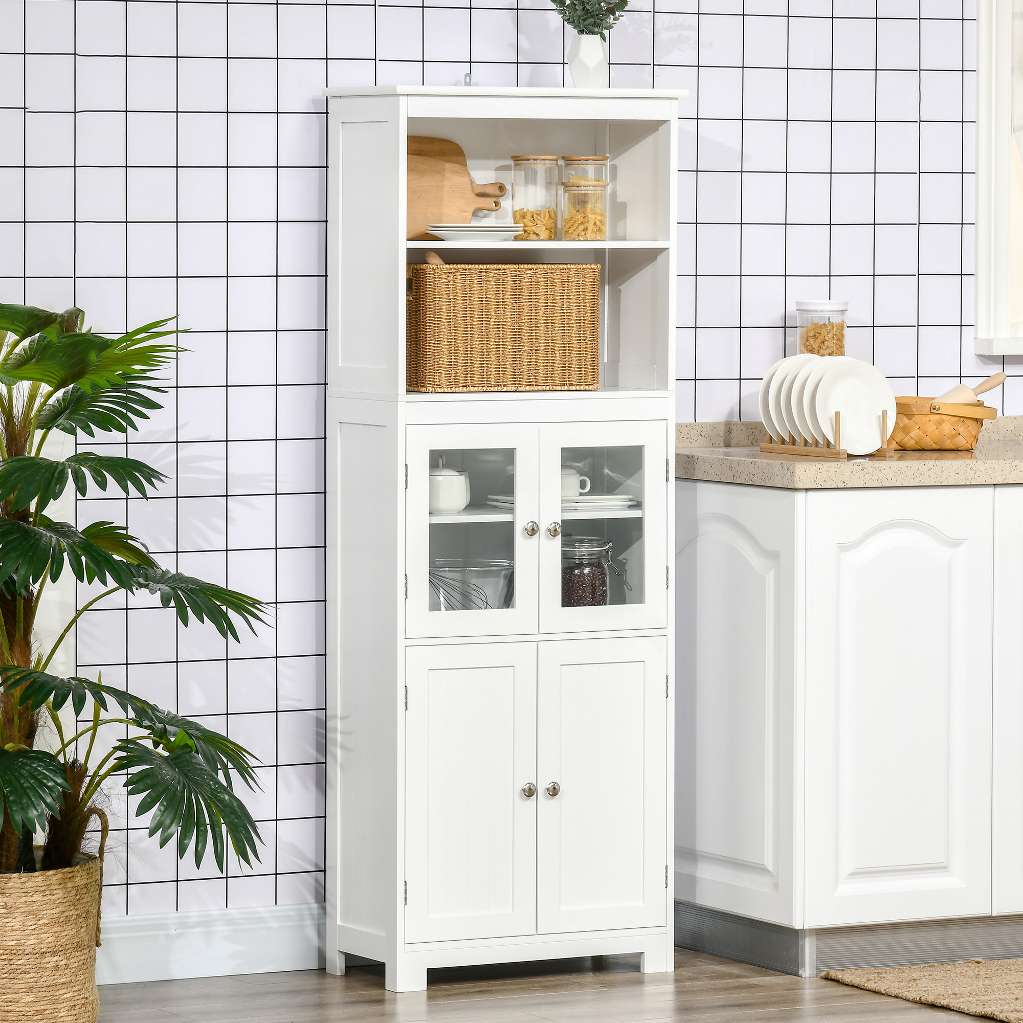 Armoire de cuisine multi-rangements 4 portes avec étagères 2 niches grand plateau MDF blanc