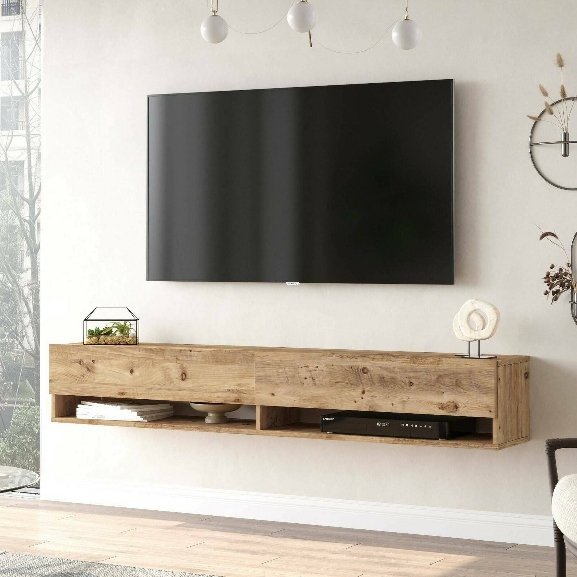 Mobile porta TV Dkechrid, Credenza da soggiorno, Armadio basso per TV, Base parete attrezzata, 180x32h29 cm, Quercia