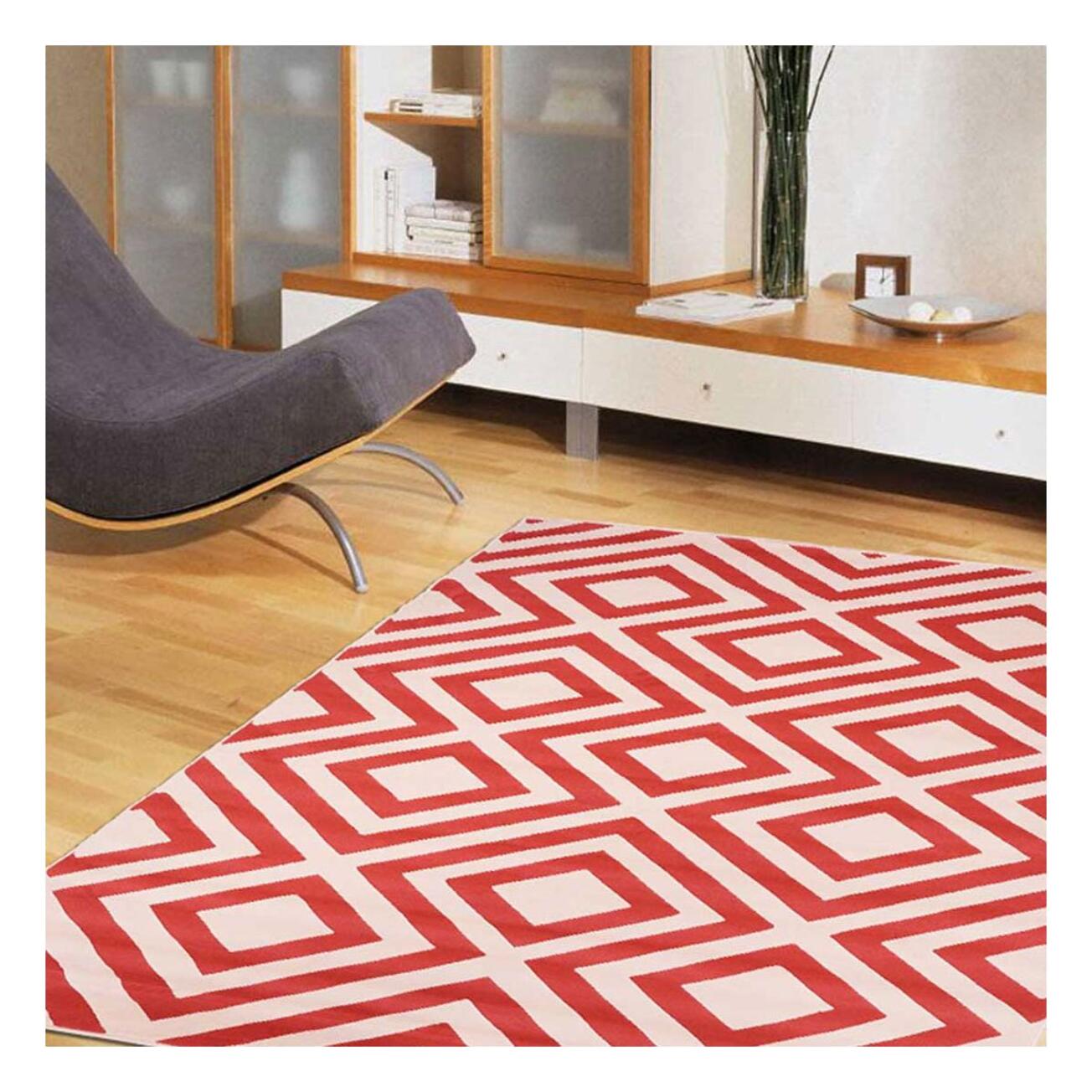 Petit tapis Begja rouge et blanc aux motifs géométriques scandinaves