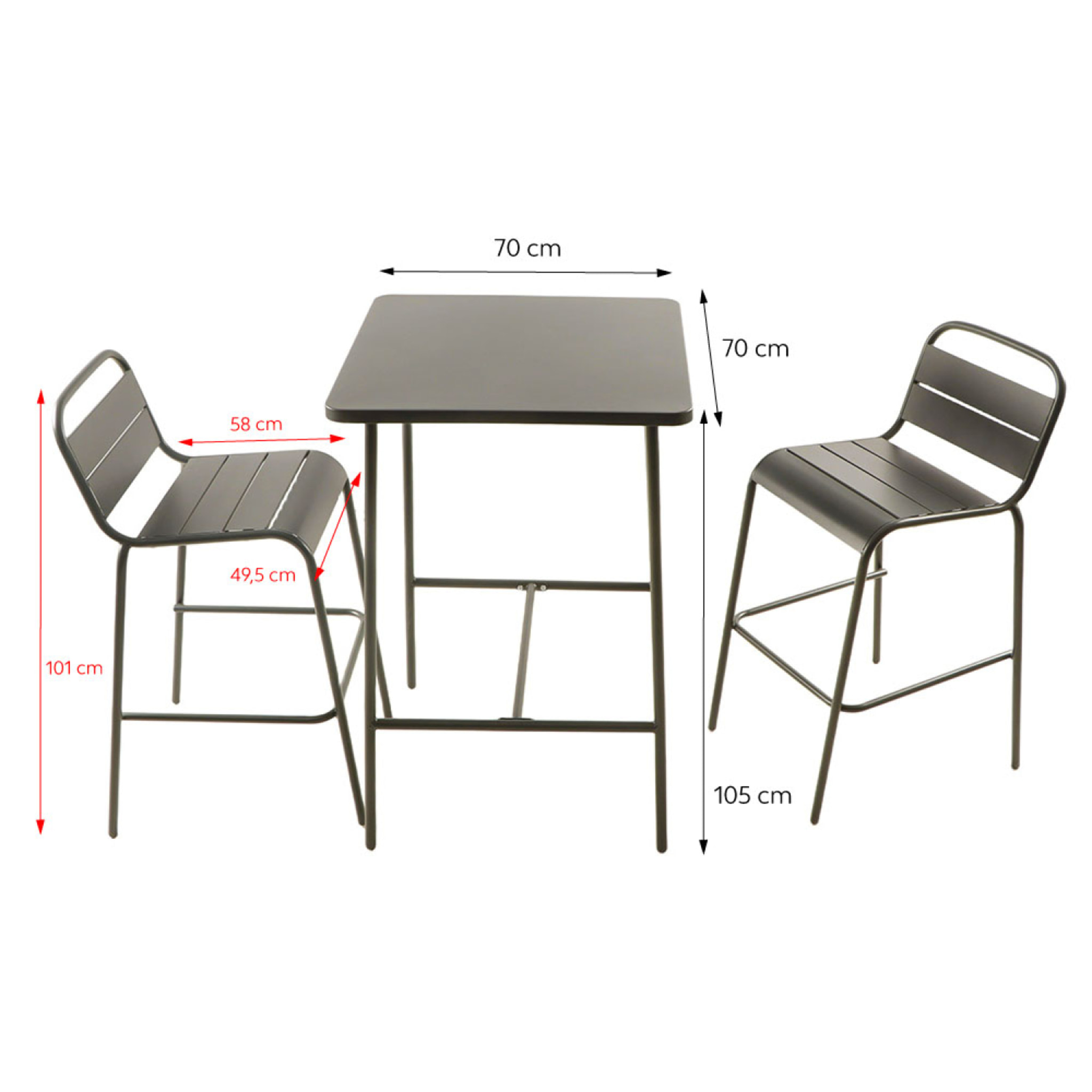 Ensemble table de bar et 2 chaises hautes d'extérieur gris foncé EVORA