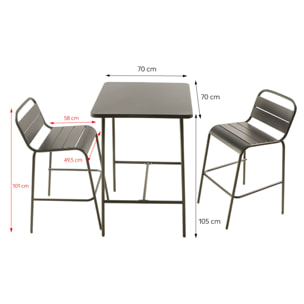 Ensemble table de bar et 2 chaises hautes d'extérieur gris foncé EVORA