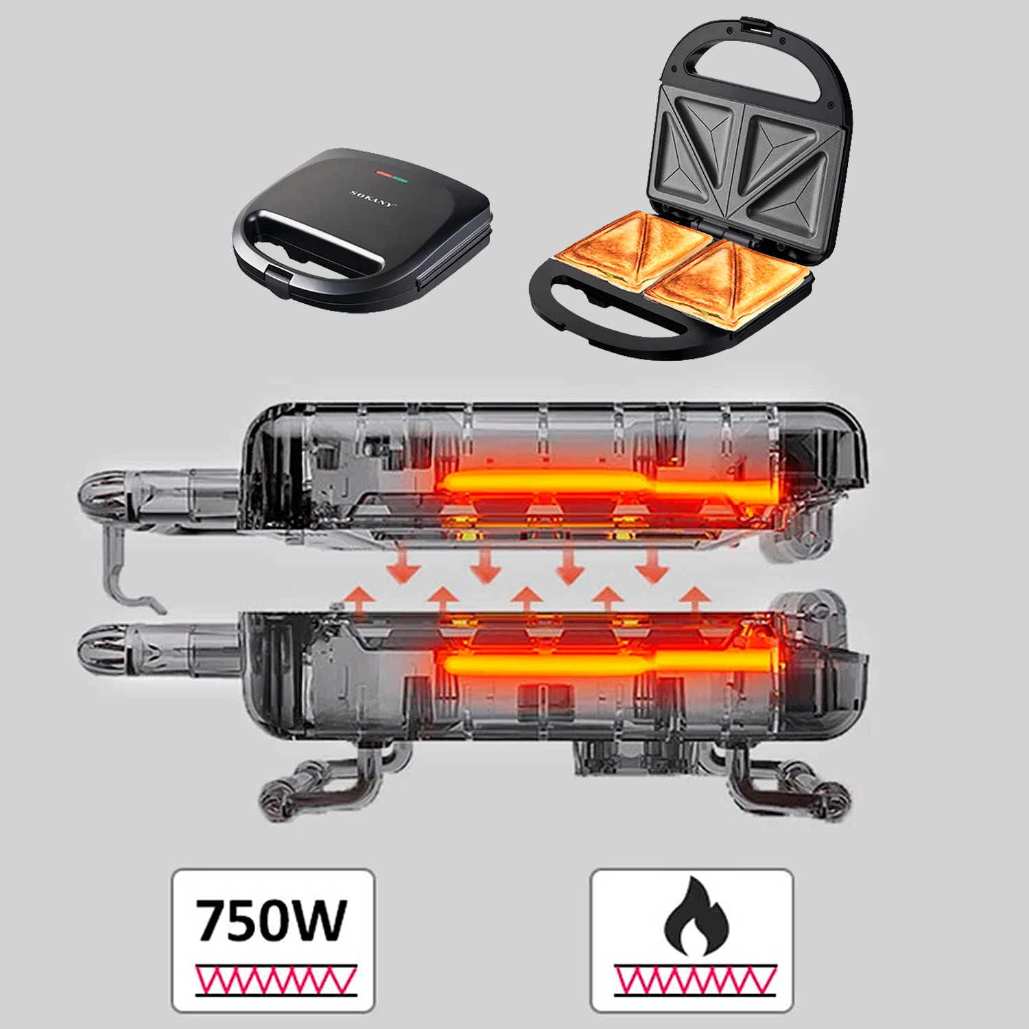 Sandwichera antiadherente con 750W de potencia y luz indicadora. Placas triangulares especiales sandwich.