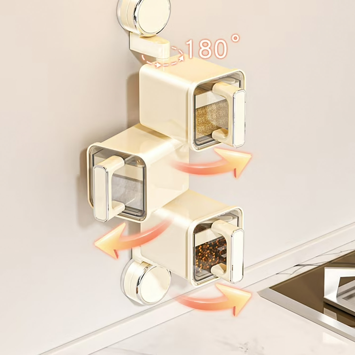 Organizador transparente para especias de cocina montado en la pared con ventosas, asas ergonómicas con cuerpo giratorio 180°, 3 compartimentos