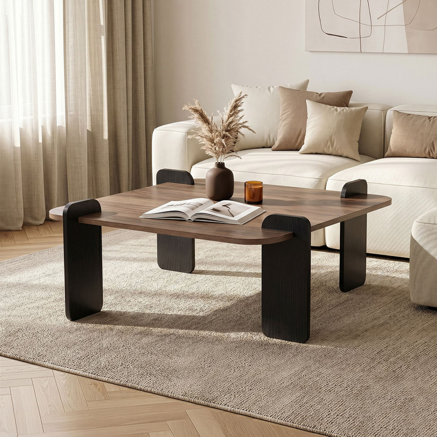 Table basse carrée effet noyer 90x90 cm BROOKLYN