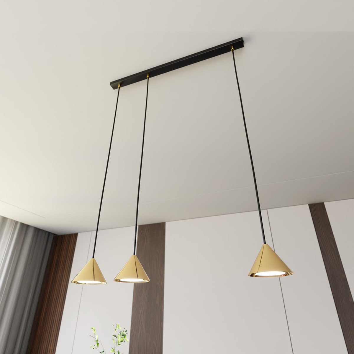 Lampada a sospensione ELIT con tre diffusori conici in oro