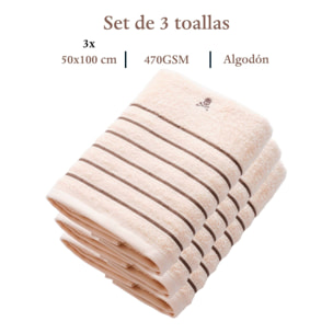 Set de 3 toallas de lavabo (100x50), 100% algodón, 470 gsm, en beige con raya marrón, scalpers home