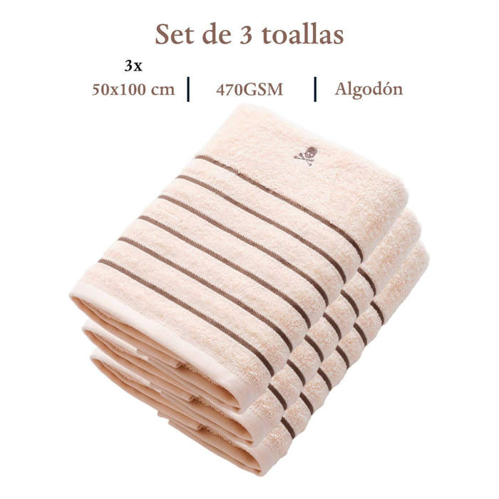 Set de 3 toallas de lavabo (100x50), 100% algodón, 470 gsm, en beige con raya marrón, scalpers home