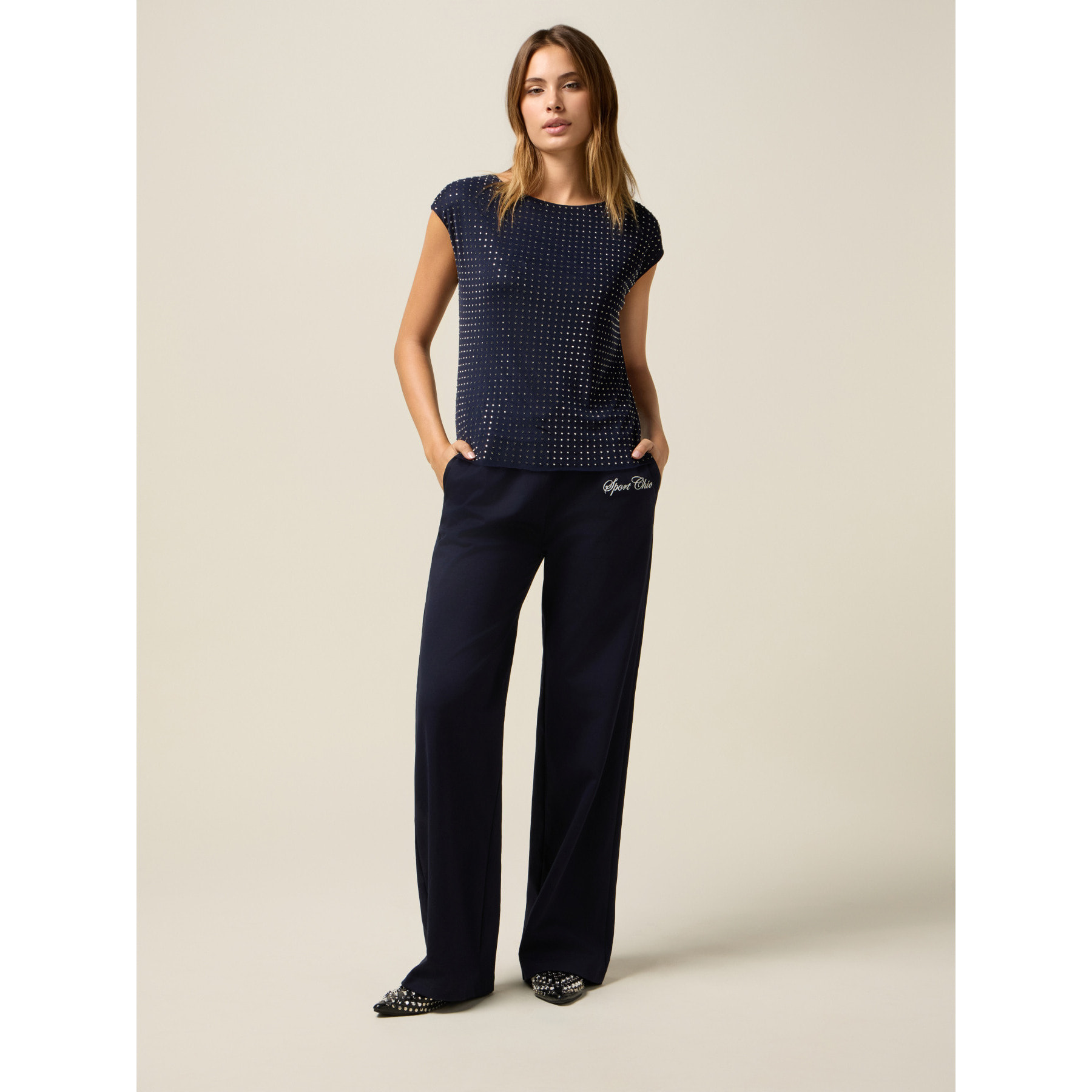 Oltre - Top in tulle borchiette - Blu