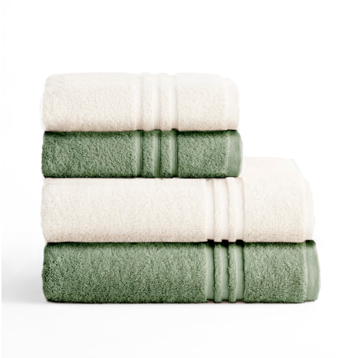 Set 2 toallas ducha + 2 toallas lavabo musgo-blanco premium