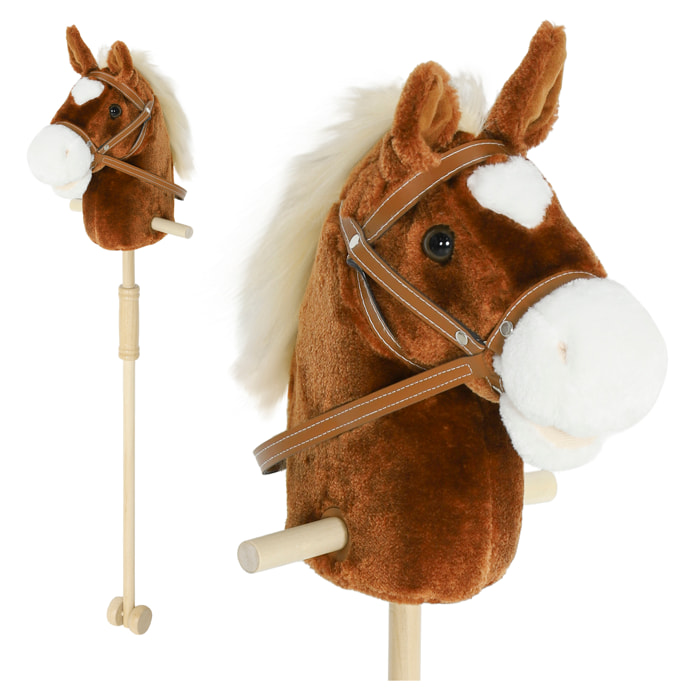 Cabeza de Caballo con Palo de Madera, Sonidos y Ruedas, Caballo de Juguete, 95 cm de Altura, Marrón
