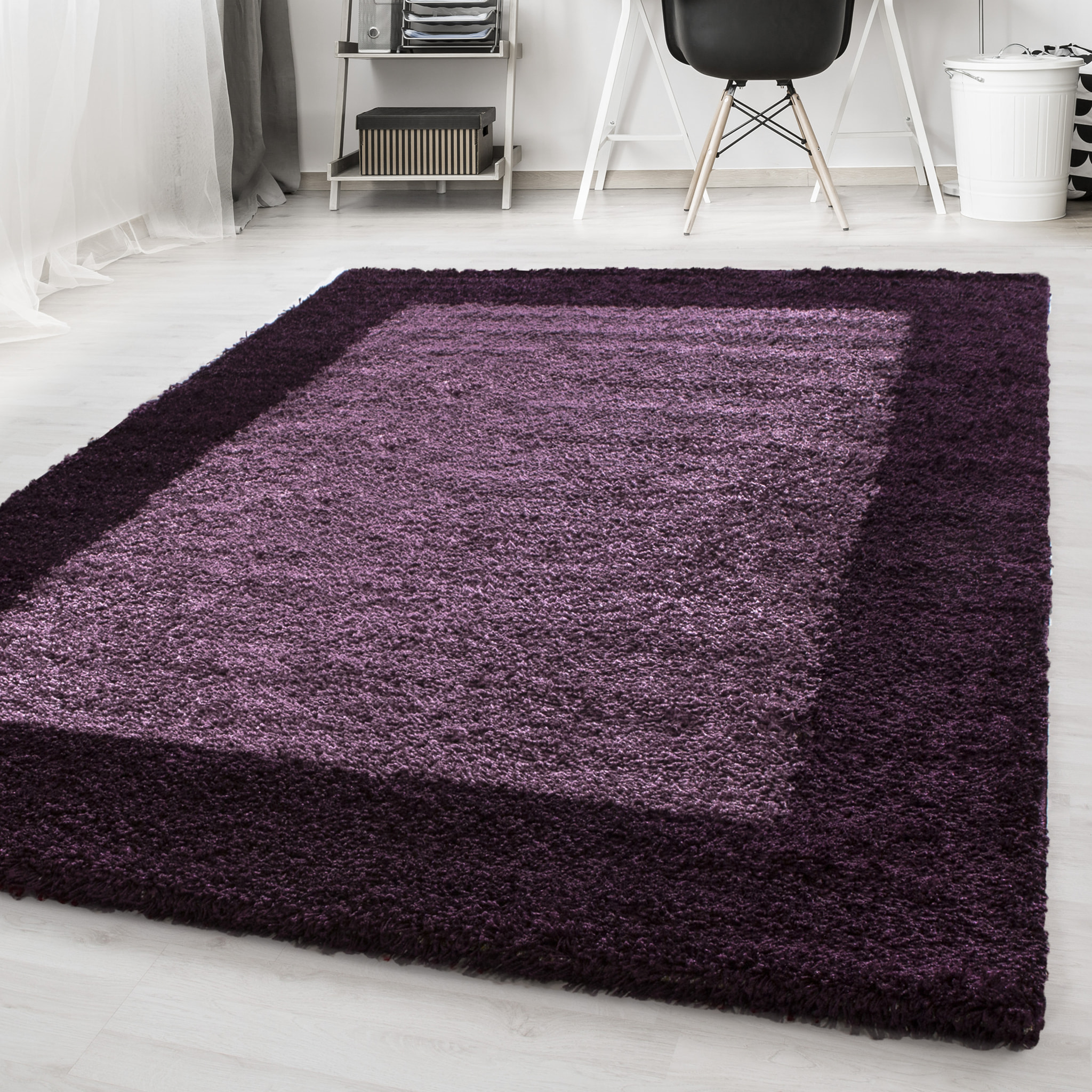 OTTA - Tapis rond shaggy à poils longs motif cadre Lila