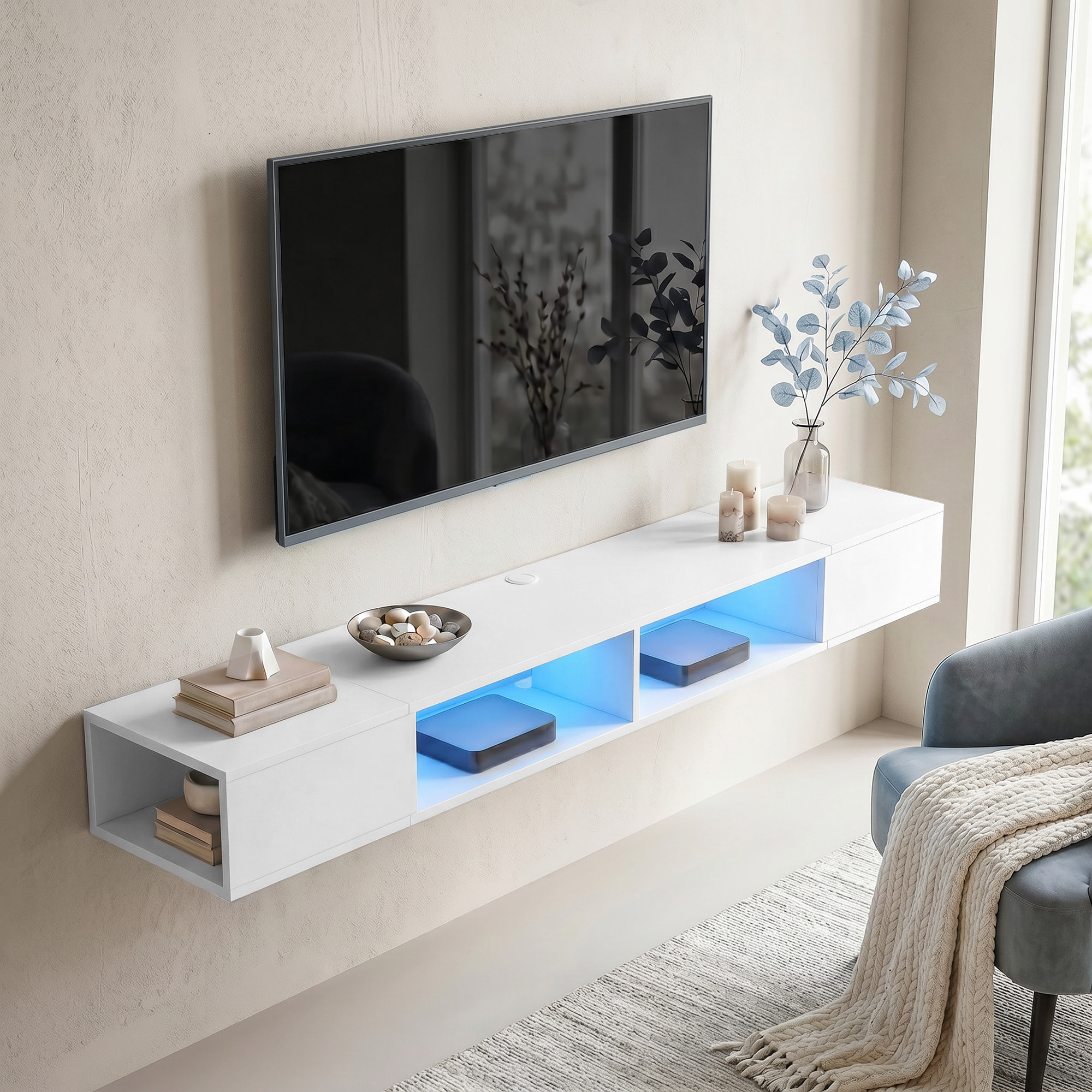 Mueble de TV Suspendido con Luces LED, Mueble de TV para Salón con Estantes Abiertos, Estilo Moderno, para Televisión 75 Pulgadas, 177,8x30x18 cm, Blanco