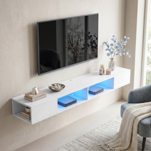 Mueble de TV Suspendido con Luces LED, Mueble de TV para Salón con Estantes Abiertos, Estilo Moderno, para Televisión 75 Pulgadas, 177,8x30x18 cm, Blanco