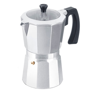 Cafetera de aluminio con tapa transparente y capacidad para 12 tazas.