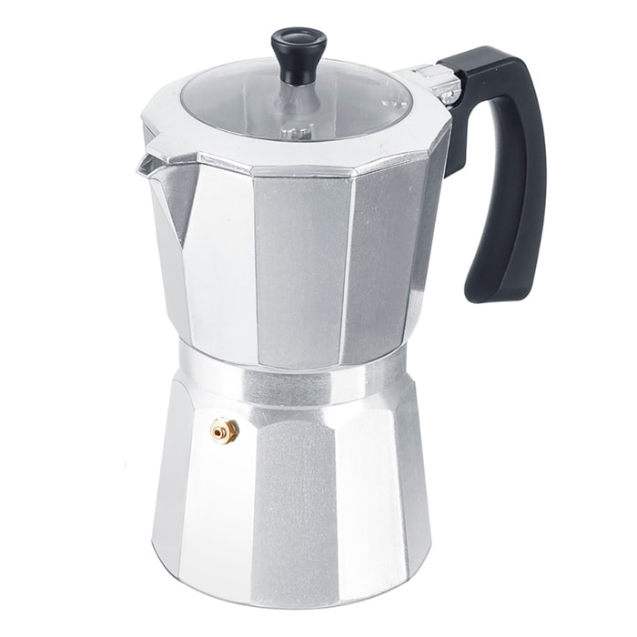 Cafetera de aluminio con tapa transparente y capacidad para 12 tazas.