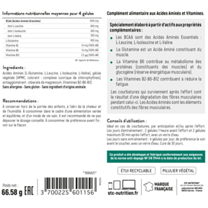 STC NUTRITION - BCAA Synergy+ - Complément alimentaire riche en acides aminés branchés - Augmente la résistance à l'effort - Réduit la fatigue musculaire - Limite les courbatures - Lot de 2 piluliers