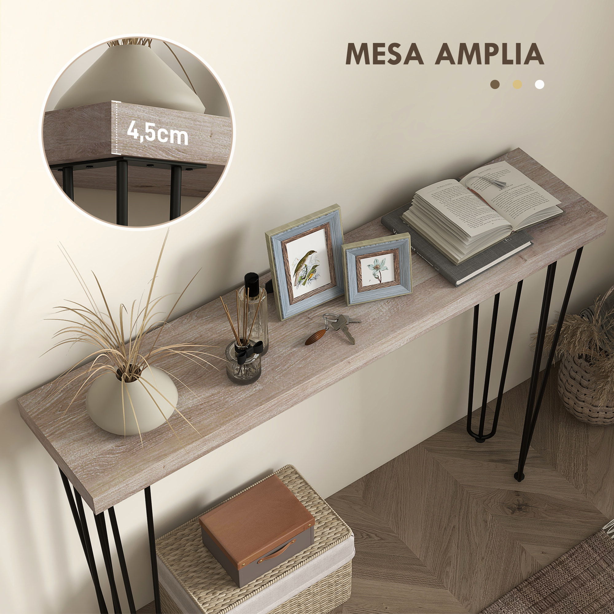 Mesa Consola Moderna Mesa de Entrada con Patas de Acero Antivuelco Mueble de Recibidor para Salón Pasillo 110x25x79,5 cm Natural