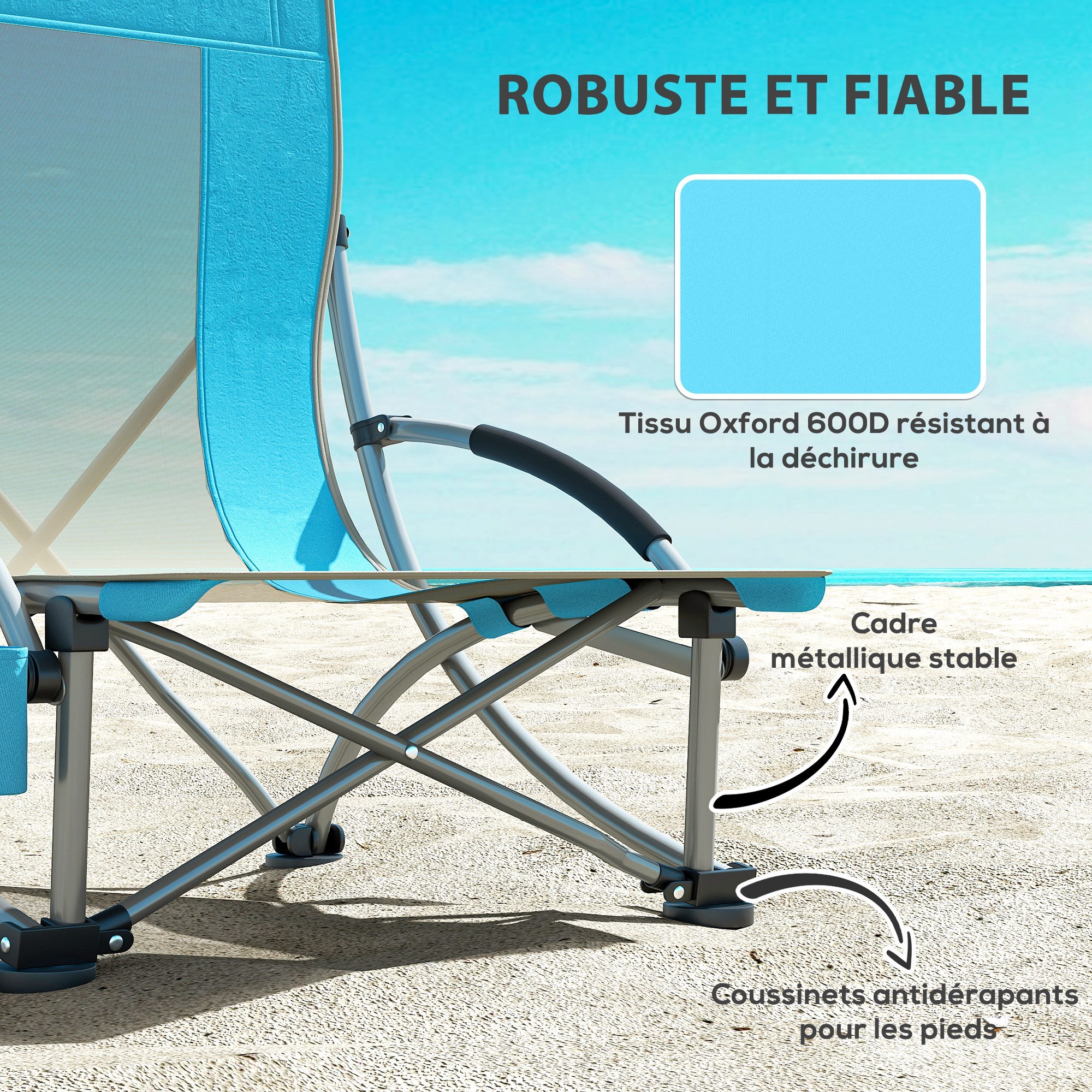 Lot de 2 chaises de plage pliantes - chaise de camping compacte légère poids net 2,7 Kg - métal polyester textilène bleu