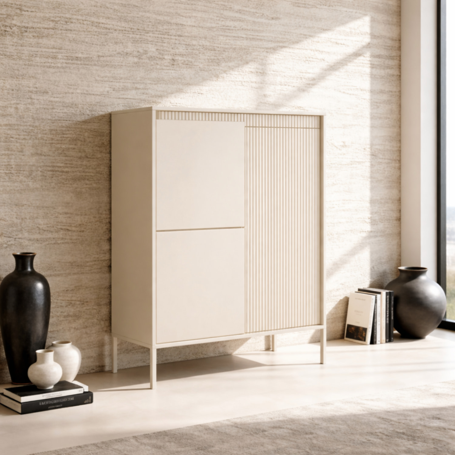 Credenza Alta 3 Ante Push To Open Con 5 Ripiani 7 Vani Mobile Soggiorno Salotto Zona Living Design Moderno Minimal 103.5 x 123.4 x 39.5 Cm Cashmere