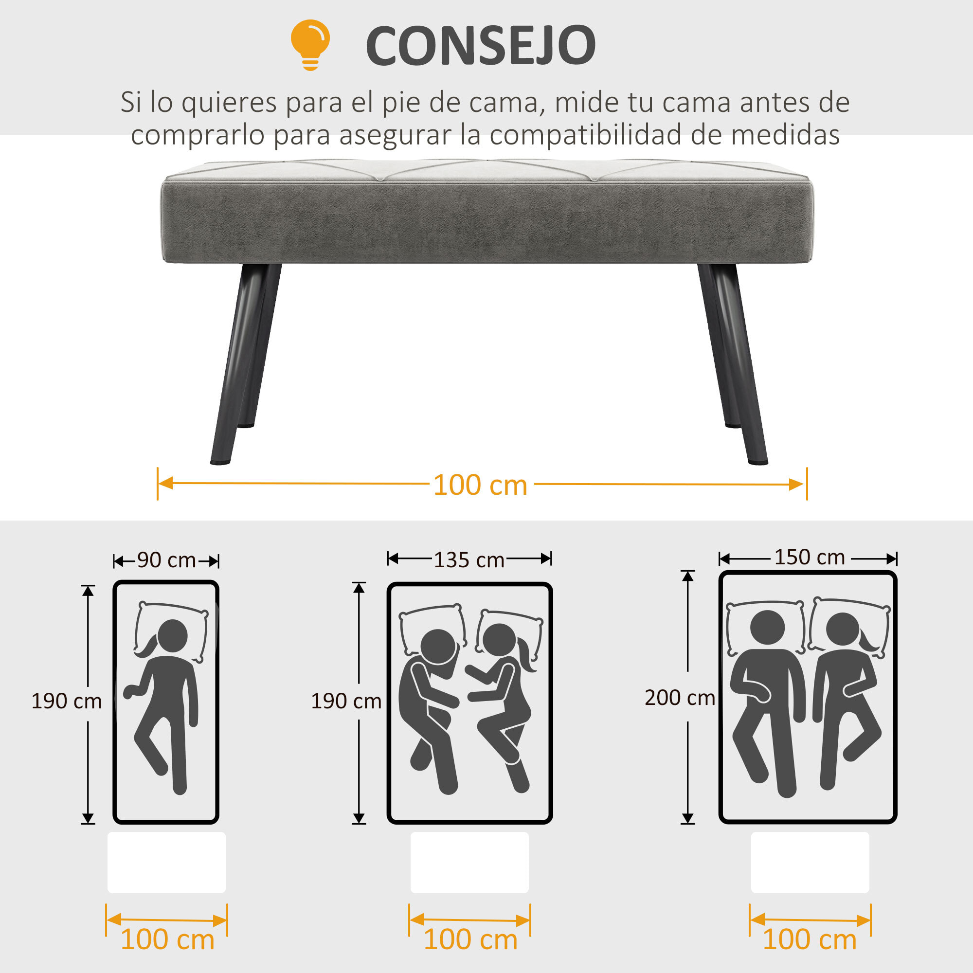 Taburete Pie de Cama Multifuncional Banco Pie de Cama Moderno Banco Dormitorio con Pies de Acero y Asiento Acolchado Carga 120 kg para Entrada Pasillo 100x36x45 cm Gris