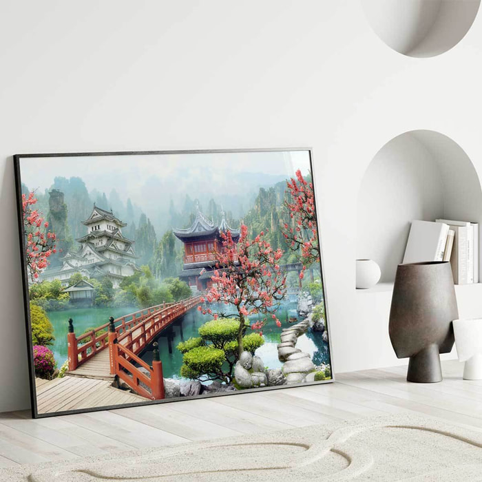 Affiche encadrée jardin japonais pagode Affiche + cadre en métal - Noir