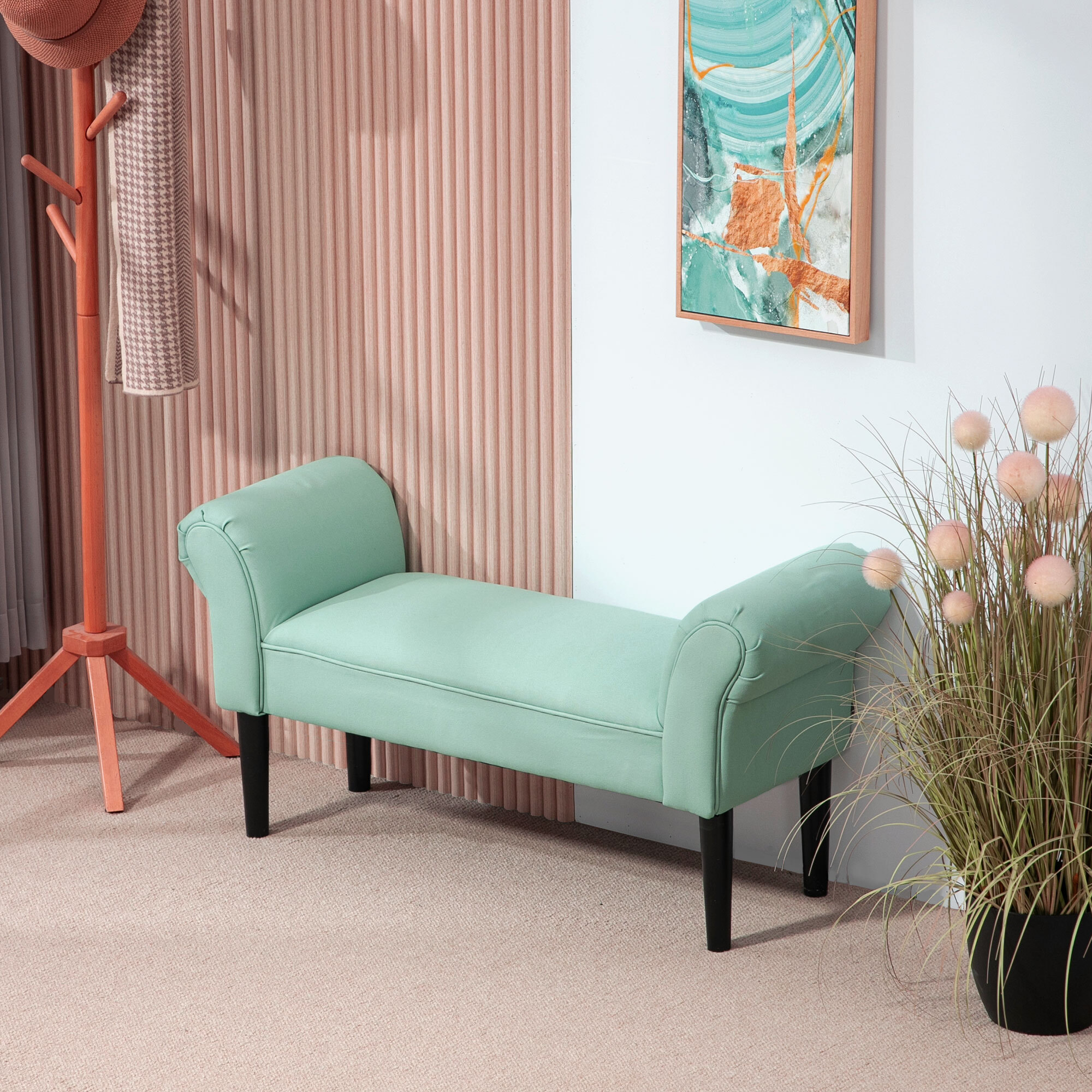 Banco Pie de Cama, Taburete Pie de Cama Tapizado en Lona con Patas de Madera, Reposabrazos y Asiento Acolchado, Estilo Moderno, Banco para Dormitorio, Entrada, Pasillo, Verde Claro