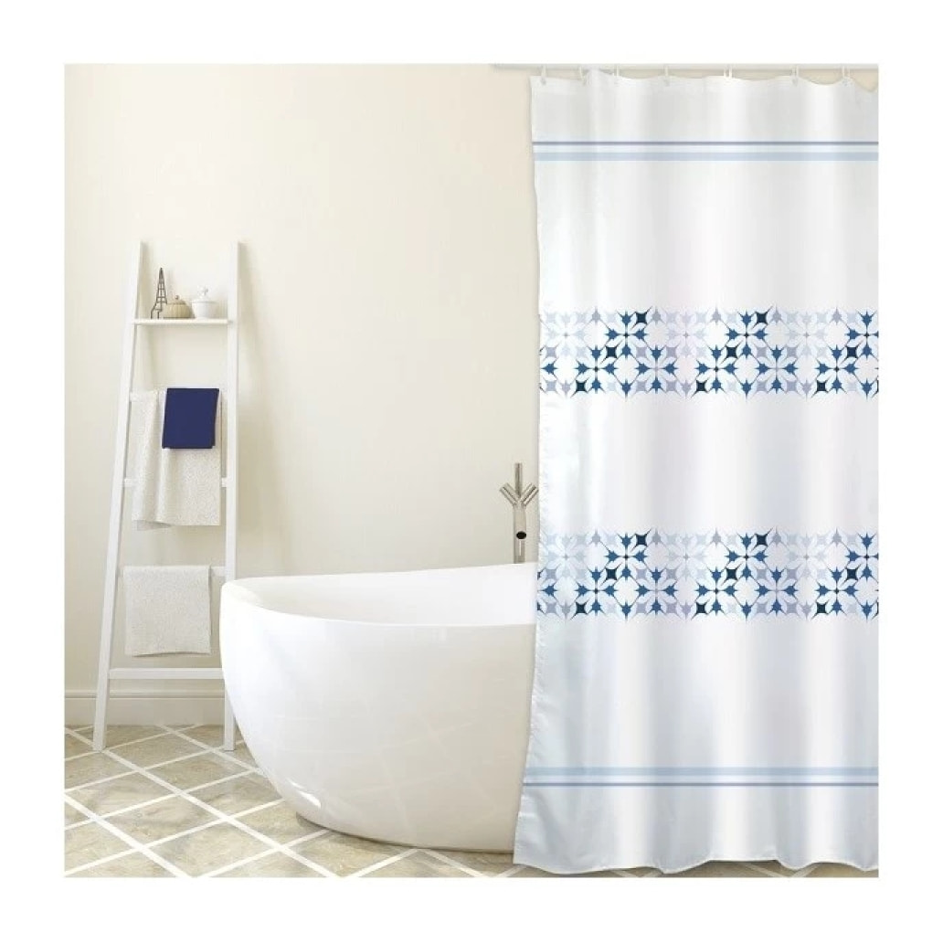 MSV Rideau de douche Polyester MALTA 180x200cm QUALITE PREMIUM Bleu & Blanc - Anneaux inclus