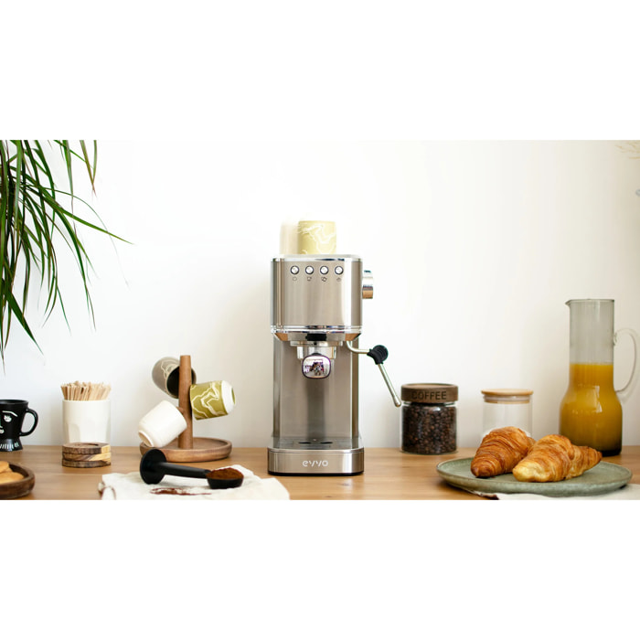 EVVO Cafetera Express Intensa 20. cuerpo de acero. 20 bares de presion. Espressos y Capuccinos. 1350W. Doble salida. portafiltros. Depósito de 1.5 l