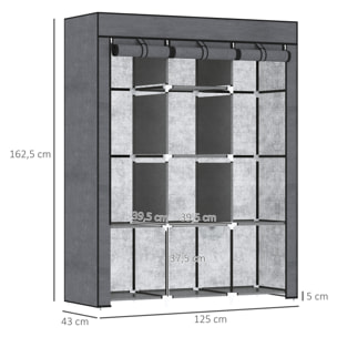 Armoire penderie multi-rangement - 8 étagères, 2 barres - dim. 125L x 43l x 162,5H cm - acier noir non tissé gris