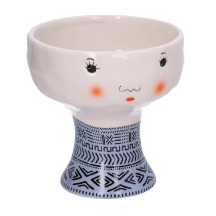 Portavaso in ceramica viso, azzurro e decori nero cm ø14h14,1